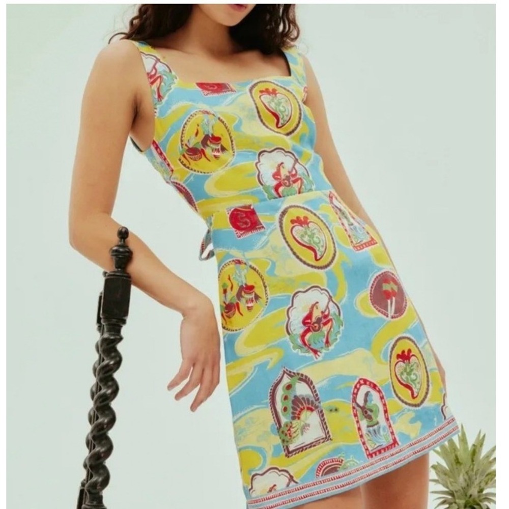 Alemais Emilio Mini Dress Folk Art Linen Lace Up Back US 4 AU 8